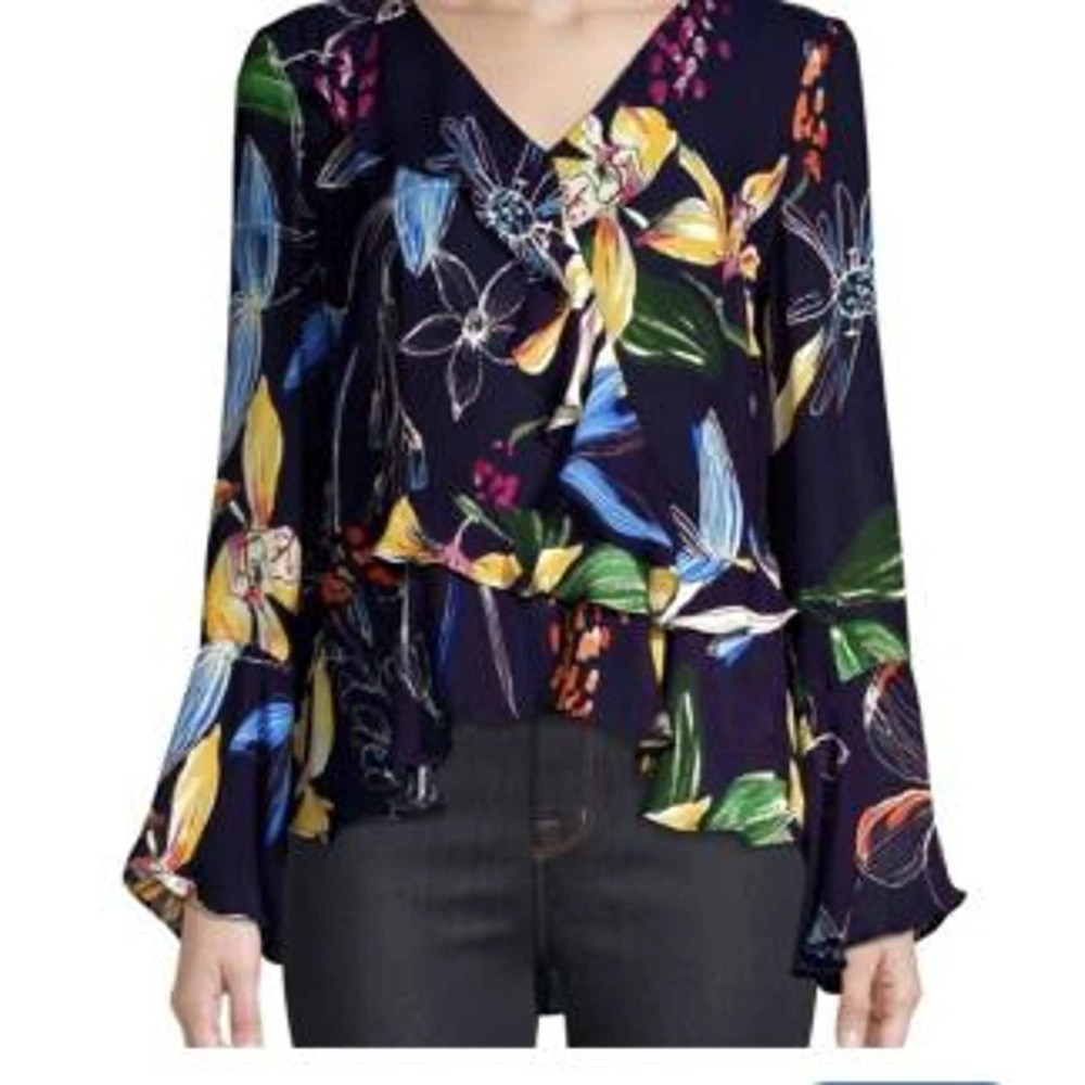 Parker Peplum Blouse Womens Small Navy Blue Floral Ruffle V-Neck‎ Long Sleeve